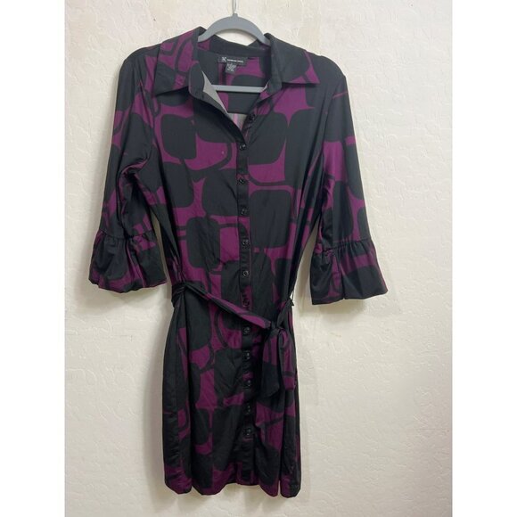 INC Full Button Dress Matching Belt Tie L Polyester Spandex Stretch w Collar pur - Picture 1 of 9